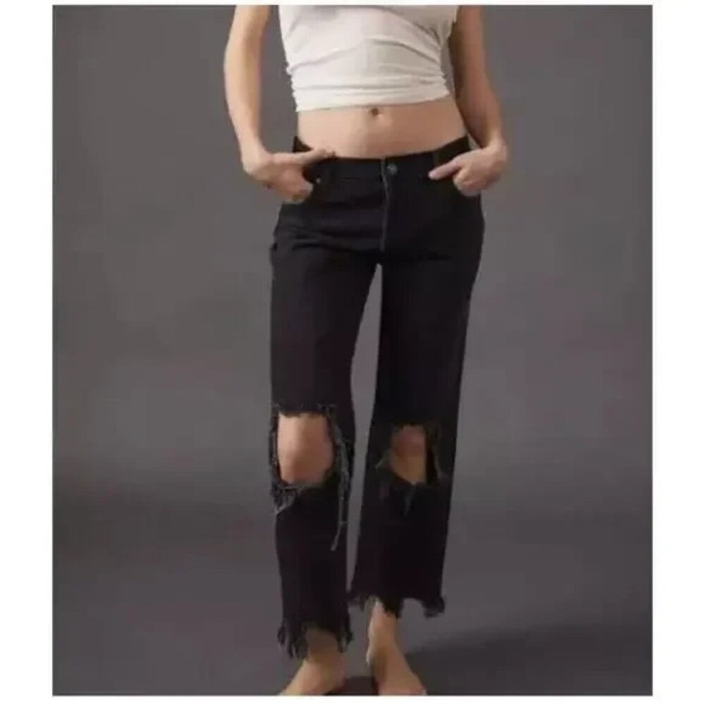 FREE PEOPLE Sz 25 Maggie Black Distressed Jeans Raw Hem Button Fly Mid Rise‎